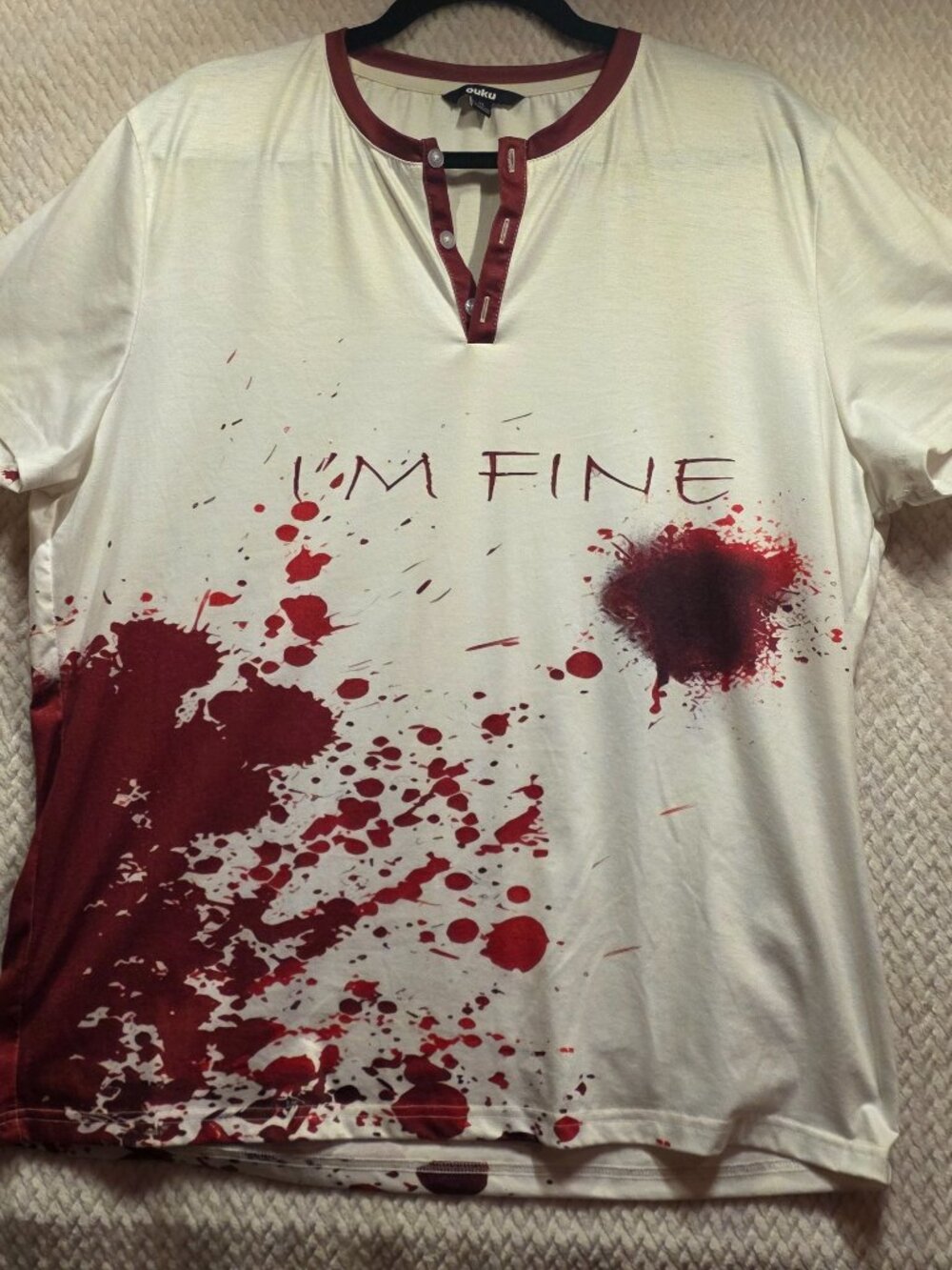 Ouku Mens Henley SZ XL "IM FINE" Blood Stained Halloween Shirt